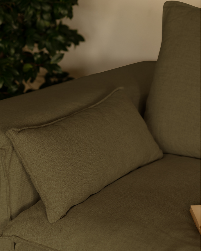 Removable green linen sofa available in various sizes.