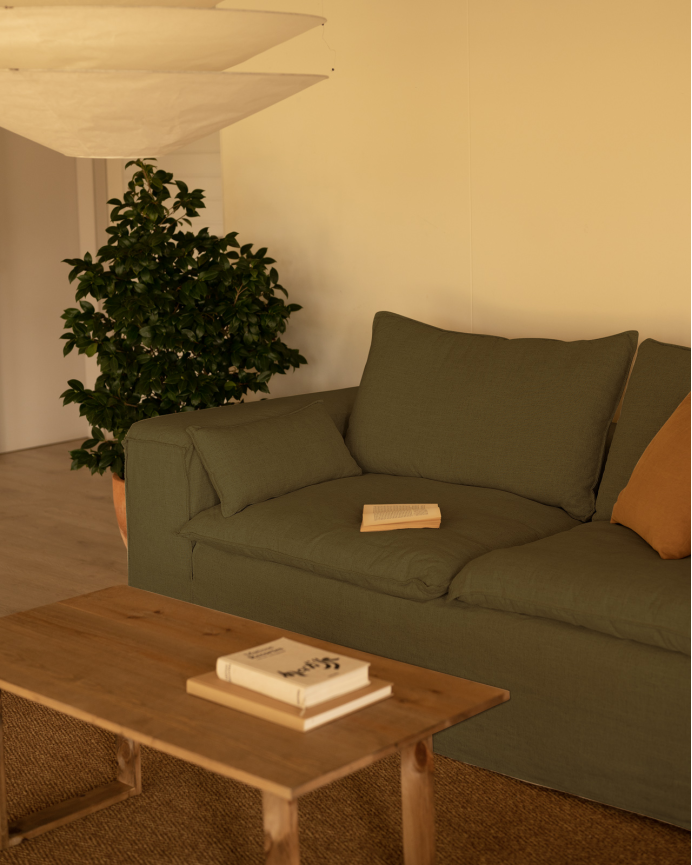 Removable green linen sofa available in various sizes.