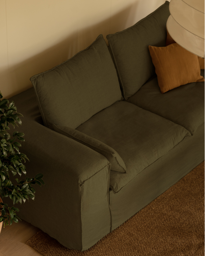 Removable green linen sofa available in various sizes.