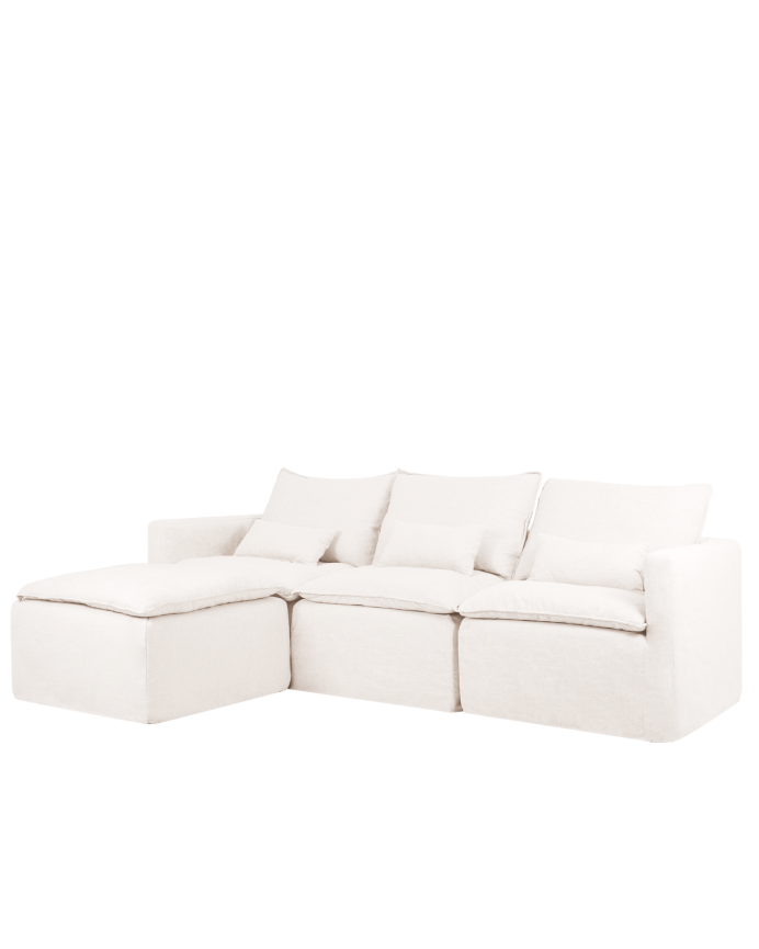 3-seater modular sofa with left-hand chaise longue in removable white cotton and linen blend, measuring 285x185cm.