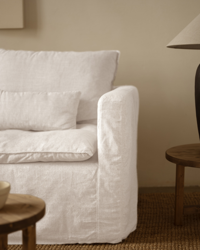 3-seater modular sofa with left-hand chaise longue in removable white cotton and linen blend, measuring 285x185cm.