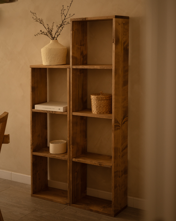 Solid wood bookcase in a dark oak tone with 2 shelves