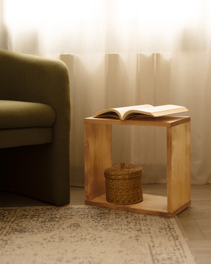 Solid wood shelving unit in a medium oak tone