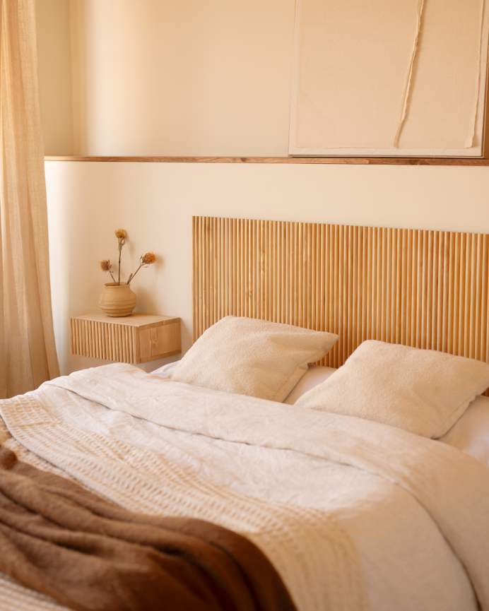 Solid wood headboard in medium oak tone of various sizes