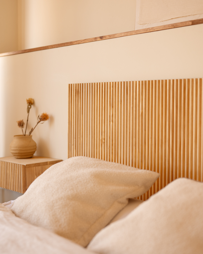 Solid wood headboard in medium oak tone of various sizes
