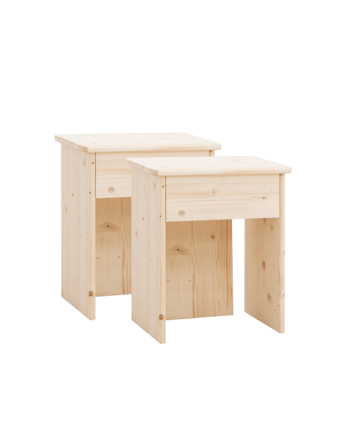Set of 2 solid wood bedside tables in natural tone measuring 50x42cm.