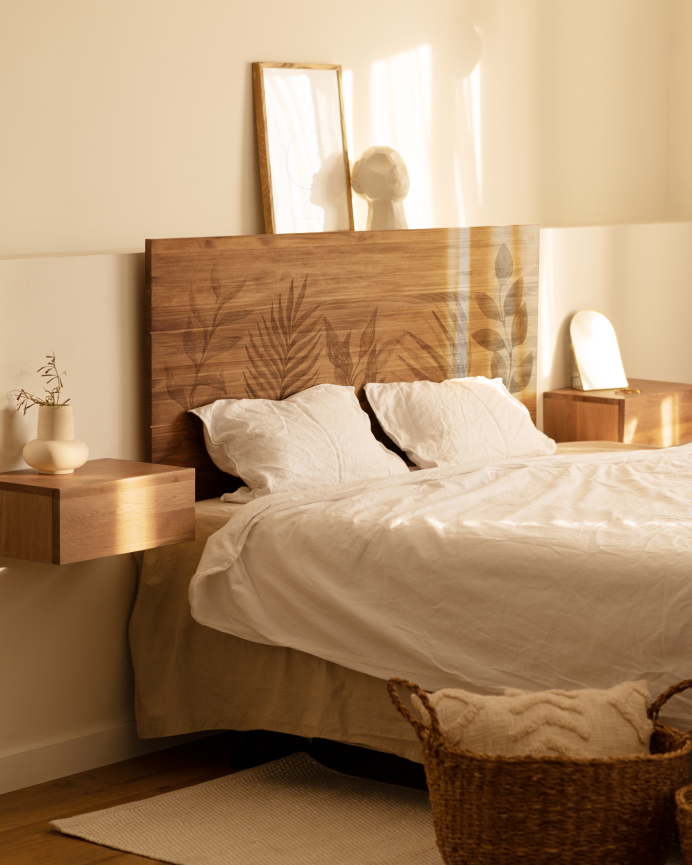 Solid wood headboard printed with watercolor flower pattern in dark oak tone, available in various sizes
