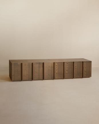 Natural ash veneer TV stand with hazelnut tone slats in various sizes.