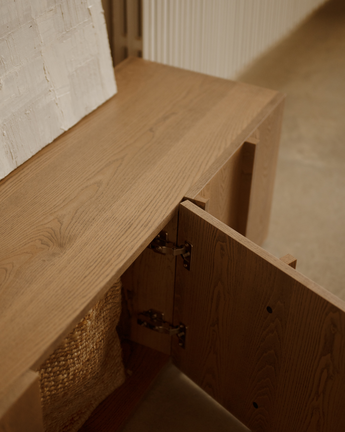 Natural ash veneer TV stand with hazelnut tone slats in various sizes.
