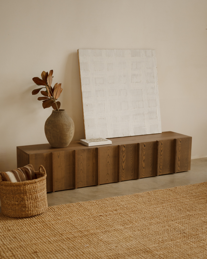 Natural ash veneer TV stand with hazelnut tone slats in various sizes.