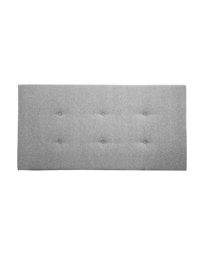 Upholstered polyester headboard with gray buttons in various sizes.