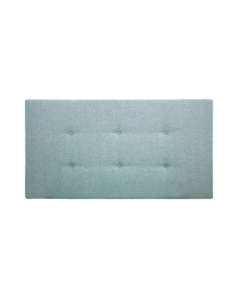 Headboard upholstered in polyester with buttons in teal green in various sizes.