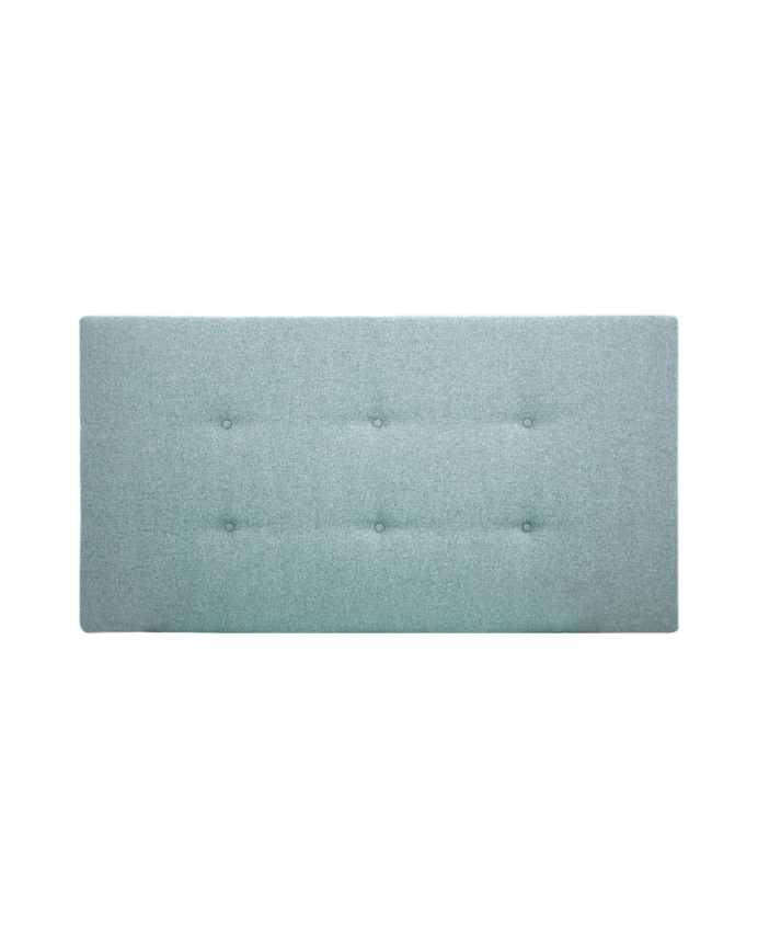 Headboard upholstered in polyester with buttons in teal green in various sizes.
