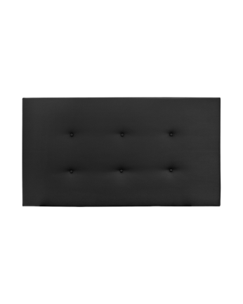 Upholstered headboard in black faux leather with buttons in various sizes.