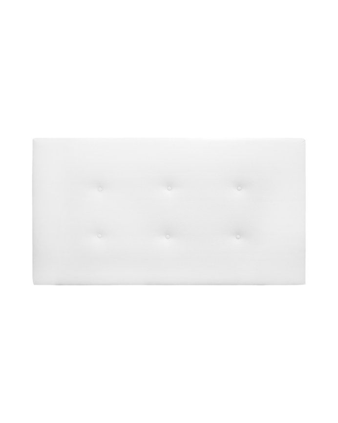 Upholstered faux leather headboard with white buttons in various sizes