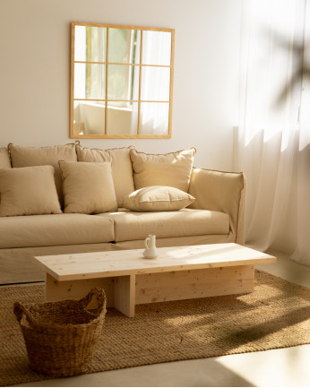 Mesa de centro de madera maciza en tono natural de 123,5x27cm