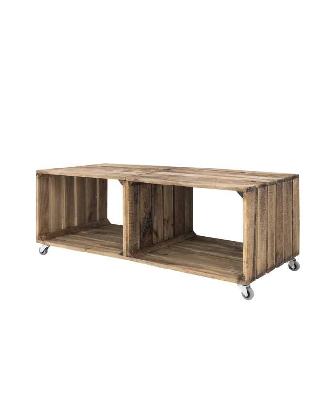 Mesa de centro de madera maciza en tono roble oscuro con ruedas de 98x44x44.6 cm