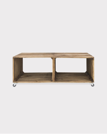 Mesa de centro de madera maciza en tono roble oscuro con ruedas de 98x44x44.6 cm