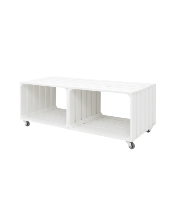 Mesa de centro de madera maciza en tono blanco con ruedas de 98x44x44.6 cm
