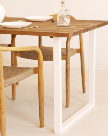 Mesa de comedor de madera maciza acabado roble oscuro con patas de hierro blancas de varias medidas