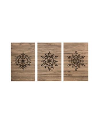 Cabecero tríptico de madera maciza estampado motivo Copos de nieve en tono roble oscuro de varias medidas 