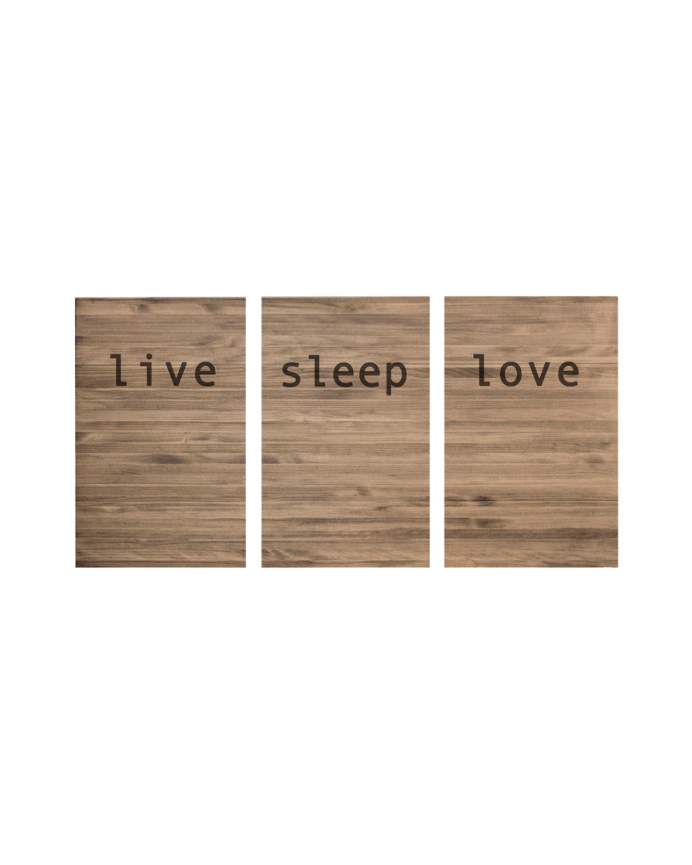 Cabecero tríptico de madera maciza estampado motivo Live love sleep en tono roble oscuro de varias medidas 