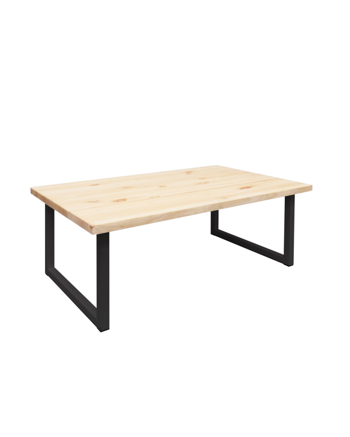 Mesa de centro de madera maciza acabado natural con patas de hierro negras de 40x100cm
