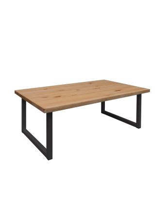 Mesa de centro de madera maciza acabado roble oscuro con patas de hierro negras de 40x100cm
