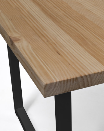 Mesa de centro de madera maciza acabado roble oscuro con patas de hierro negras de 40x100cm
