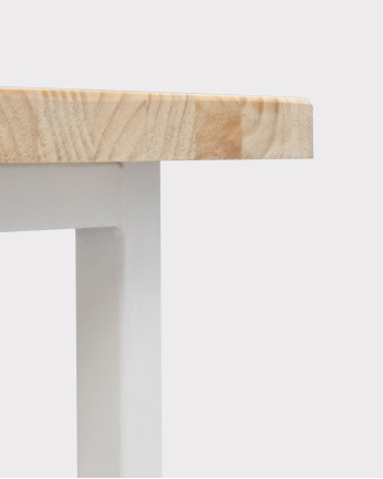 Mesa de centro de madera maciza acabado natural con patas de hierro blancas de 40x100cm