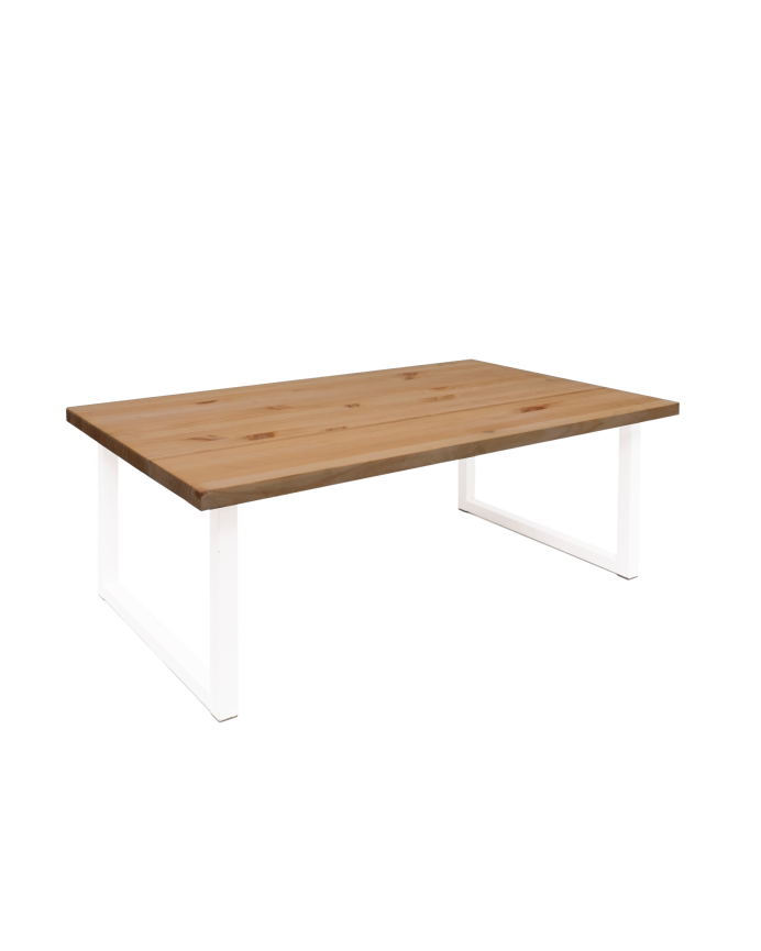 Mesa de centro de madera maciza acabado roble oscuro con patas de hierro blancas de 40x100cm