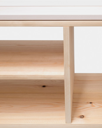Mueble de TV de madera maciza en tono natural y sobre blanco de 160x40cm
