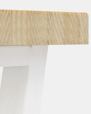 Banco de madera maciza tono natural y patas de hierro color blanco en varias medidas