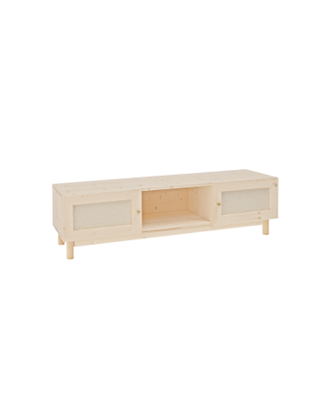 Mueble de TV de madera maciza y tejido de lino de 2 puertas en tono natural de 150x40cm