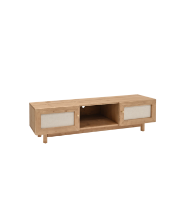 Mueble de TV de madera maciza y tejido de lino de 2 puertas en tono roble oscuro de 150x40cm