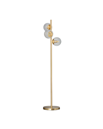 Lámpara de pie elaborada con una base de aluminio color dorado y tres esferas de cristal transparente.