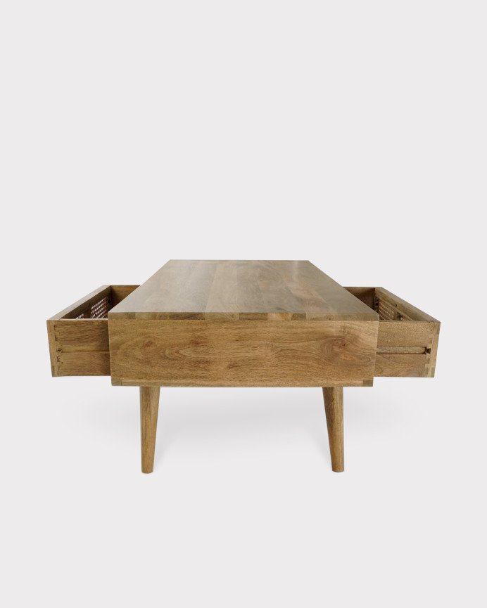Mesa de centro de madera de mango con cuatro cajones y tiradores de metal dorados tono natural de 46x115cm