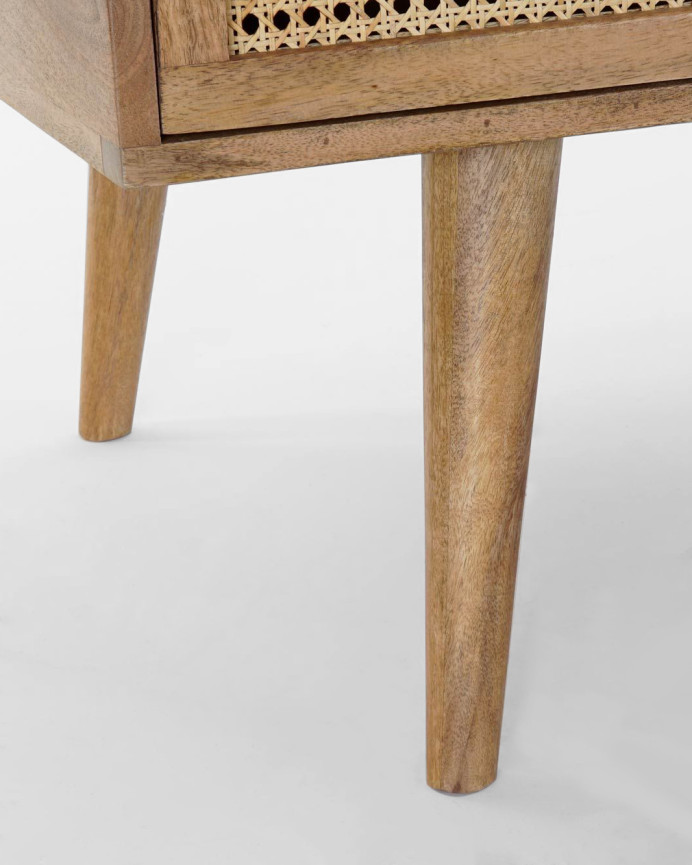Mesa de centro de madera de mango con cuatro cajones y tiradores de metal dorados tono natural de 46x115cm