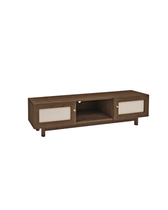 Mueble de TV de madera maciza y tejido de lino de 2 puertas en tono nogal de 150x40cm