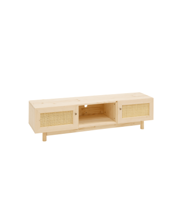 Mueble de TV de madera maciza y rafia de 2 puertas en tono natural de 150x40cm