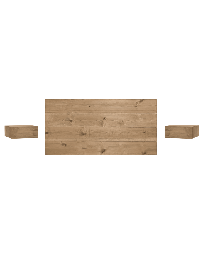 Pack cabecero y mesitas flotantes de madera maciza en tono roble oscuro de varias medidas