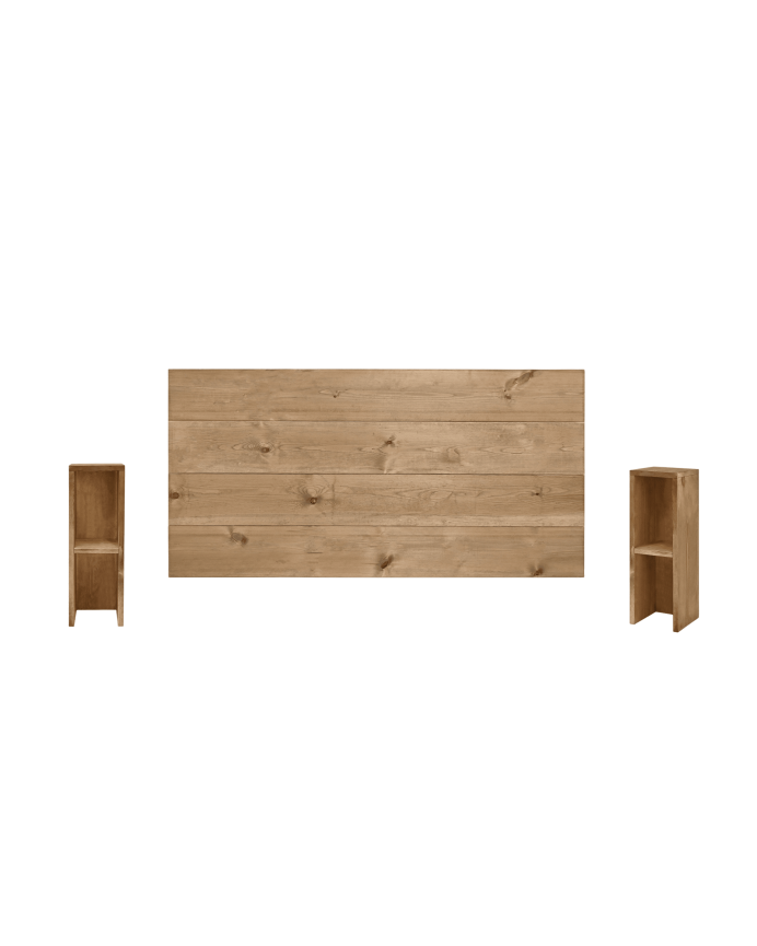 Pack cabecero y mesitas de madera maciza en tono roble oscuro de varias medidas