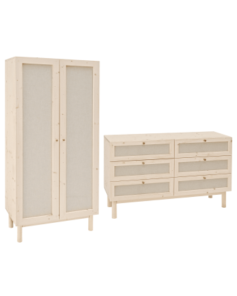 Pack de armario y cómoda 6 cajones de madera maciza y lino en tono natural