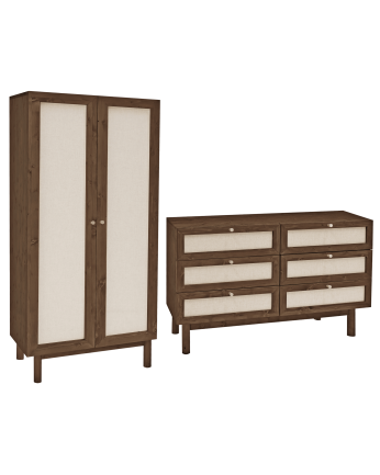 Pack de armario y cómoda 6 cajones de madera maciza y lino en tono nogal