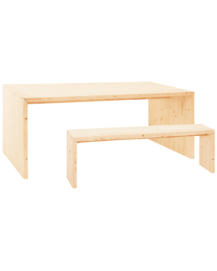 Pack mesa de comedor y banco de madera maciza en tono natural de varias medidas