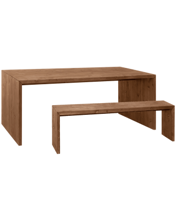 Pack mesa de comedor y banco de madera maciza en tono nogal de varias medidas