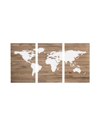 Cabecero tríptico de madera maciza estampado motivo 'Mapamundi blanco' en tono roble oscuro de varias medidas 