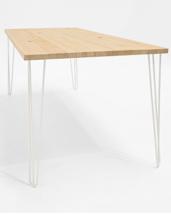 Mesa de comedor de madera maciza acabado natural con patas de hierro blancas de varias medidas