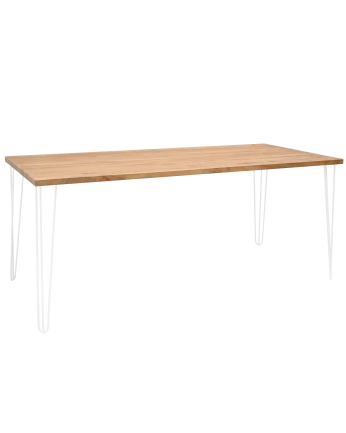 Mesa de comedor de madera maciza acabado roble oscuro con patas de hierro blancas de varias medidas 