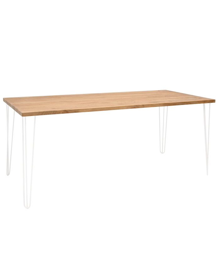 Mesa de comedor de madera maciza acabado roble oscuro con patas de hierro blancas de varias medidas 